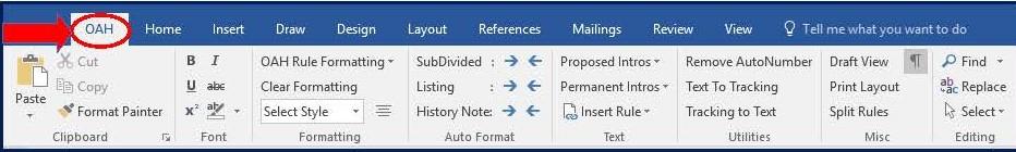 Microsoft Word Ribbon with OAH tab