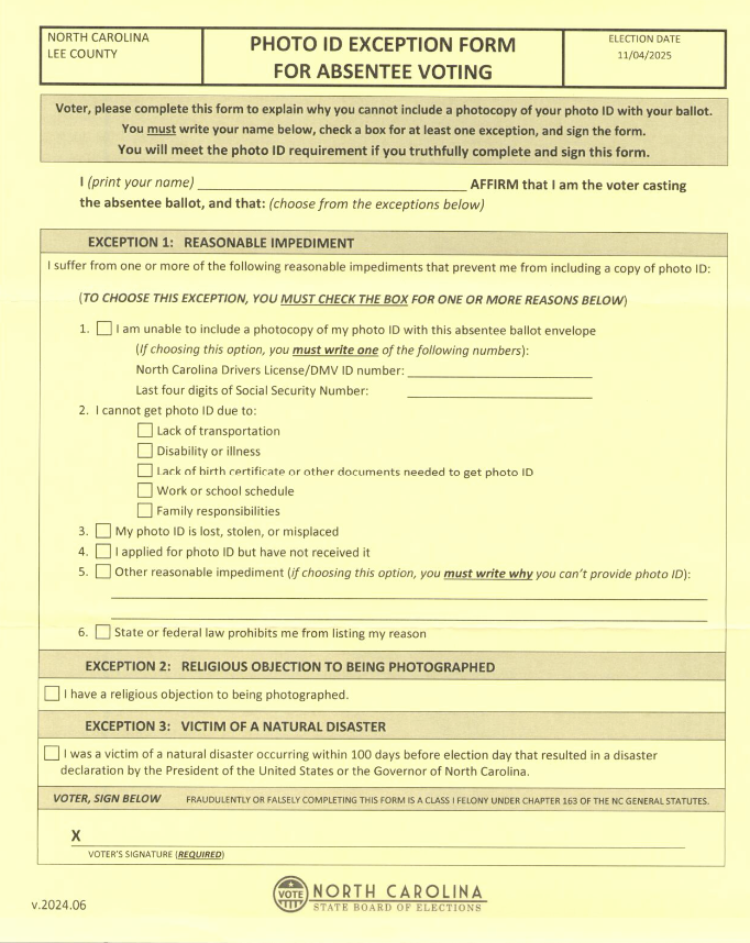 Photo ID Exception Form for Absentee Voting