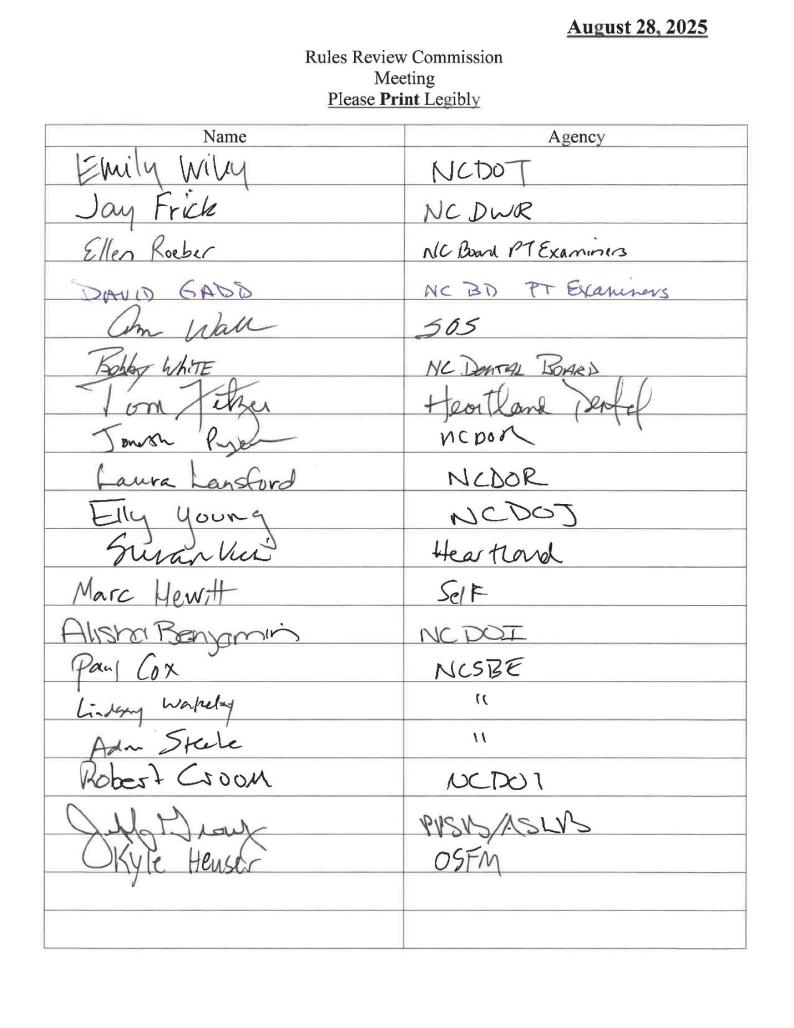 Handwritten sign-in sheet for the Rules Review Commission Meeting