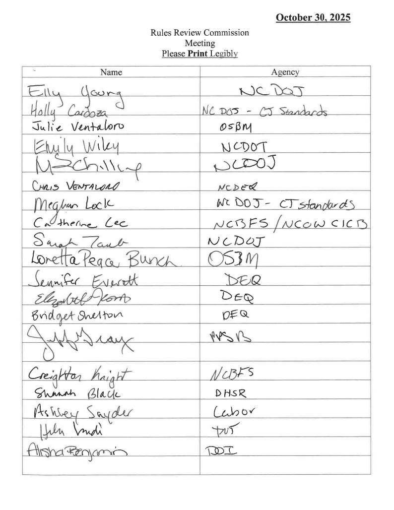 Rules Review Commission Meeting handwritten sign-in sheet