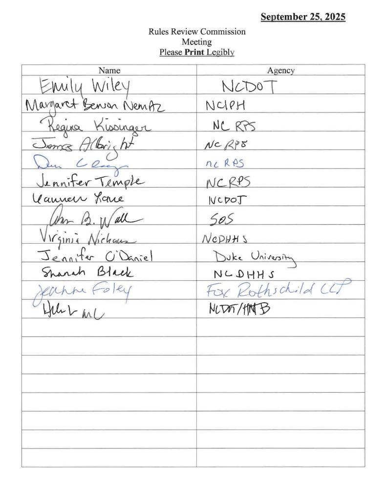 Handwritten sign-in sheet for Rules Review Commission Meeting