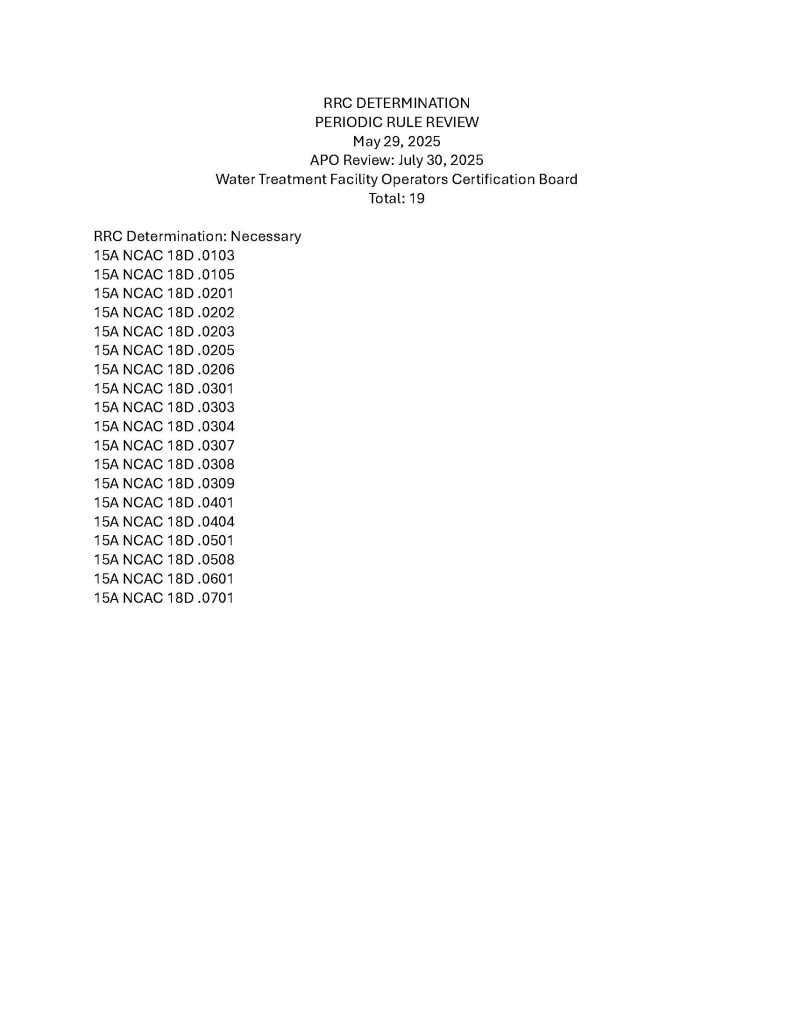RRC Determination for Water Treatment Facility Operators Certification Board