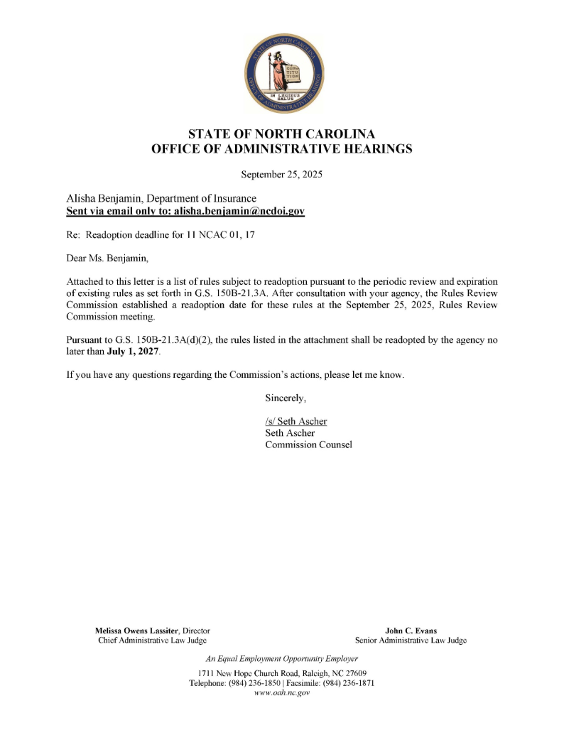 Letter from Office of Administrative Hearings to Alisha Benjamin