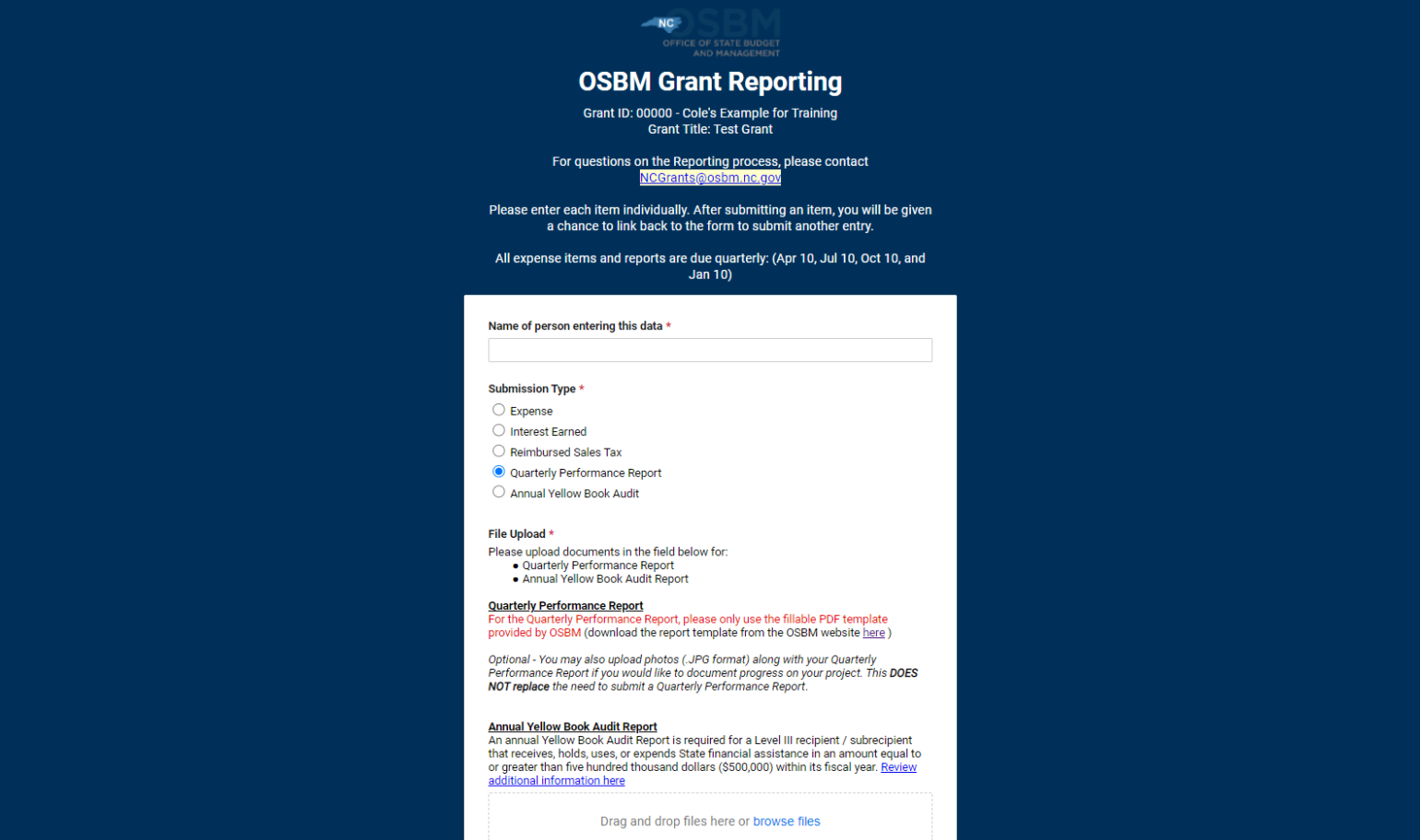 Screenshot of the grant quarterly performance reporting form in Smartsheet