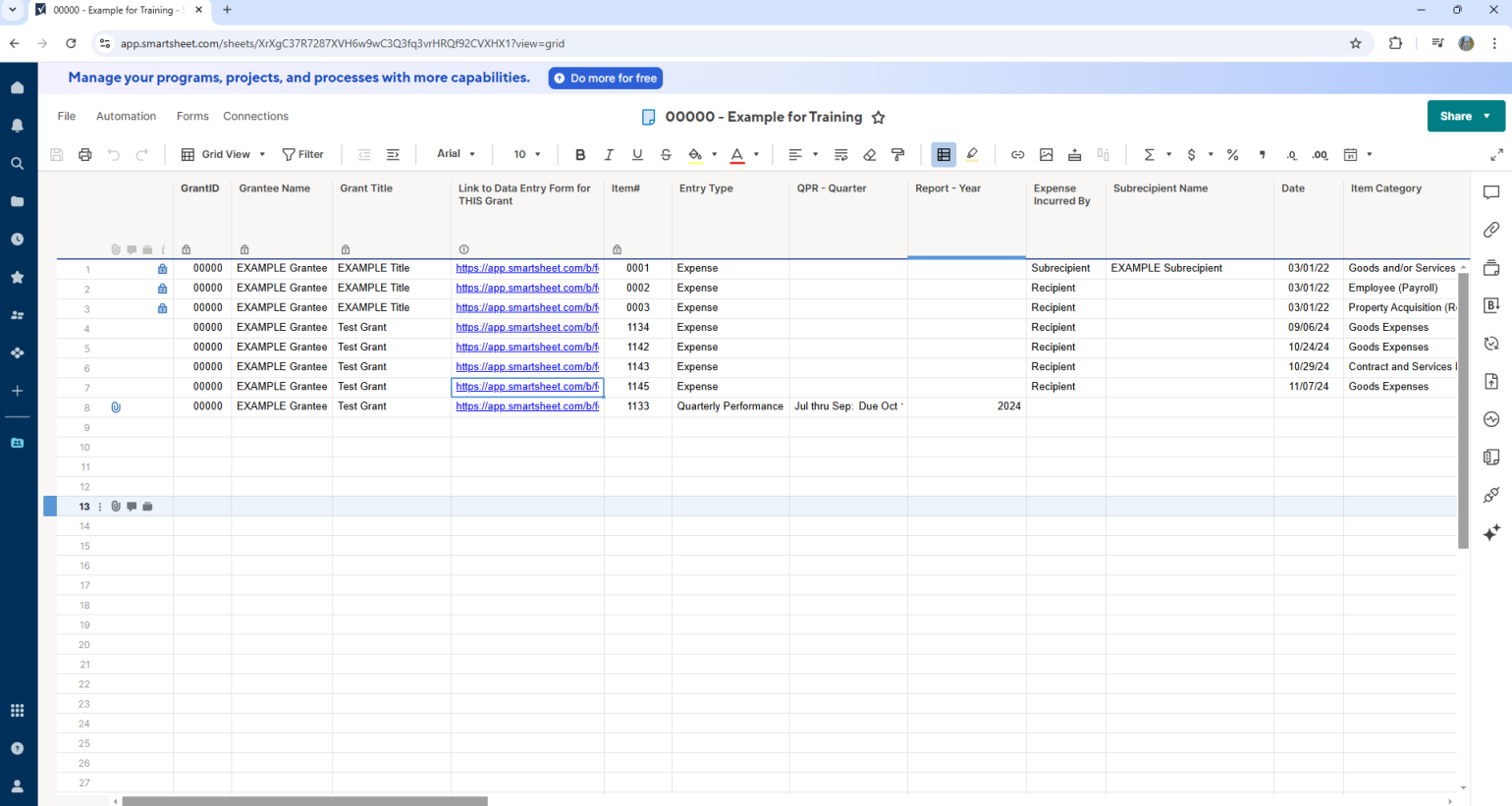 screenshot of grant reporting sheet view in Smartsheet