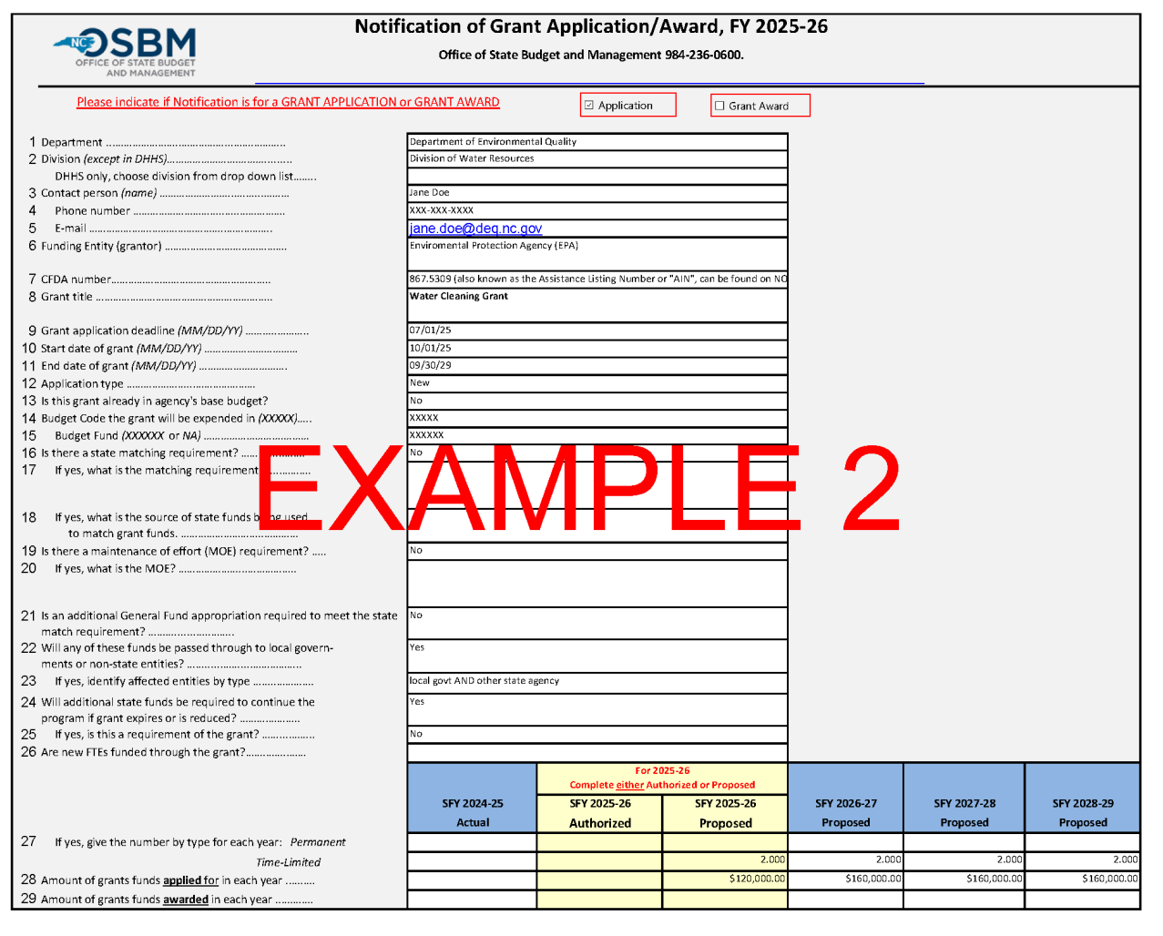 example grant form showing recurring grant funds, with FTEs, following federal fiscal year
