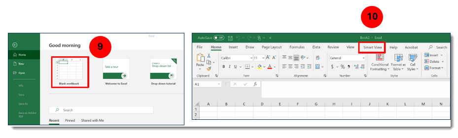 Screenshot of new workbook in Excel with the Smart View option highlighted in the ribbon menu