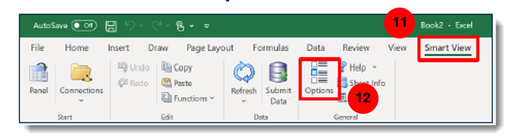 Screenshot of Excel with the Options button highlighted under the Smart View menu