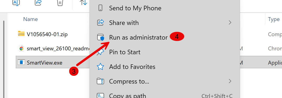 Screenshot of option to run SmartView.exe as administrator
