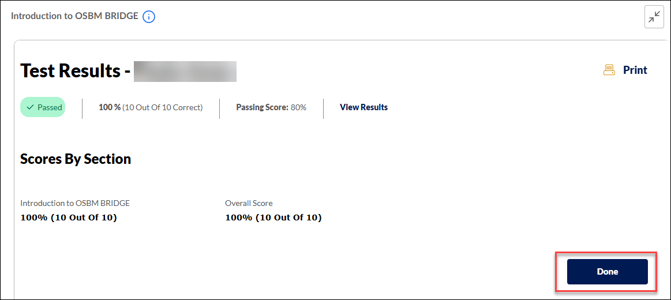 Screenshot in LMS of Test Results screen