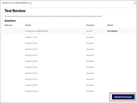 Screenshot in LMS of the Test Review screen
