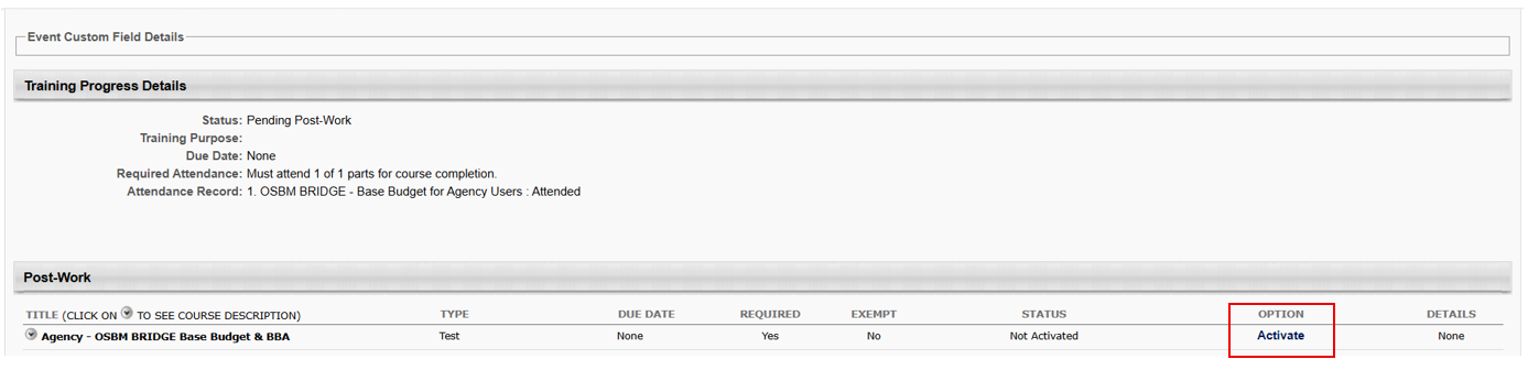 Screenshot of training details page with the Activate link highlighted
