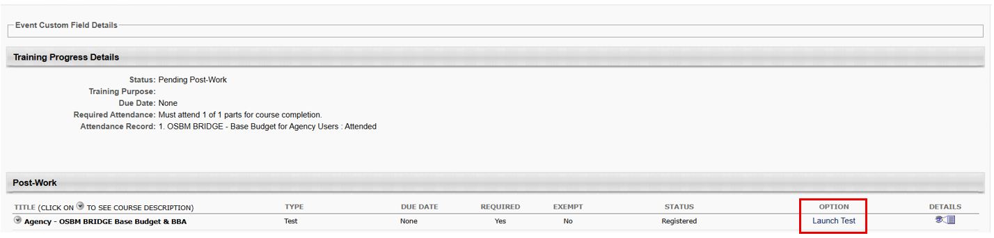Screenshot of LMS Training Details page with the Launch test link highlighted