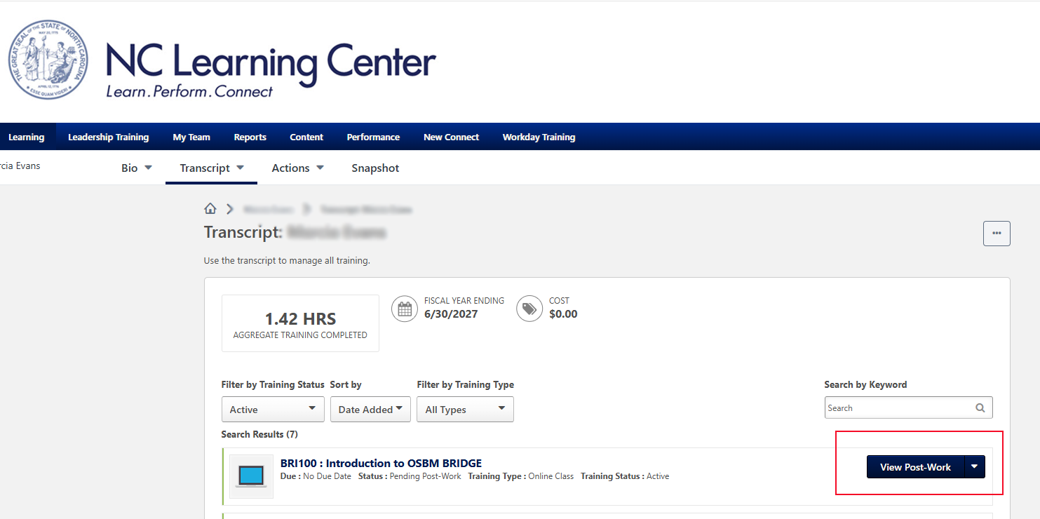 Screenshot of a transcript in LMS with view post work button highlighted
