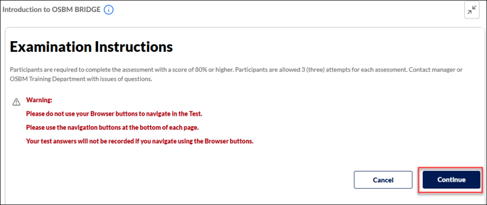 Screenshot in LMS of Exam Instructions page. Continue button highlighted
