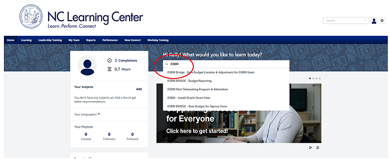 Screentshot of NC Learning Center search bar