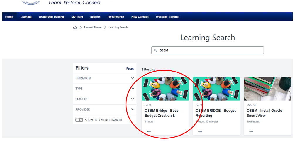 NC Learning Center screenshot of classes