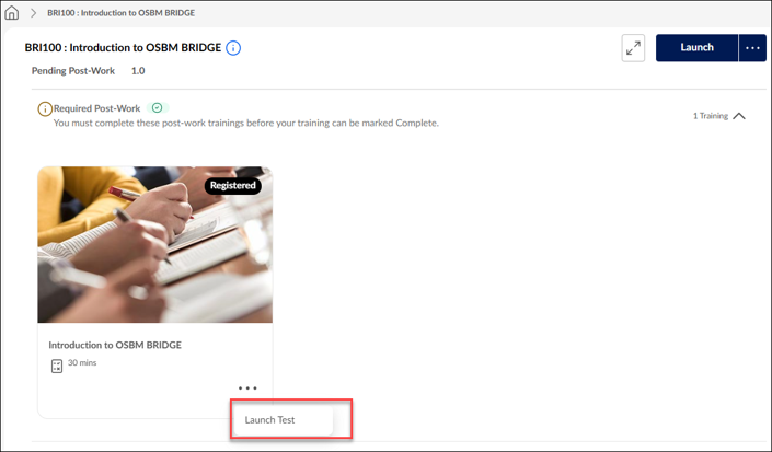LMS Screenshot of training status page with Launch Test highlighted