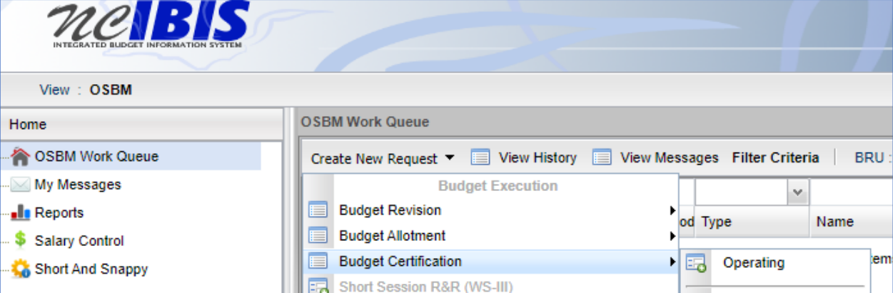 IBIS Work Queue page showing Create New Request dropdown with Budget Certification and Operating selected