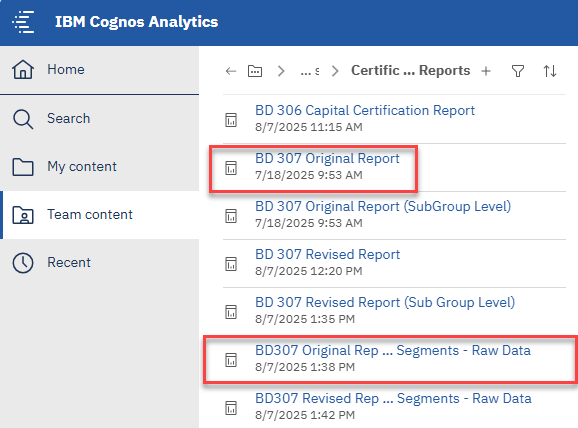 IBM Cognos Analytics menu showing BD 307 Original Report and BD 307 Original Report All Segments - Raw Data highlighted