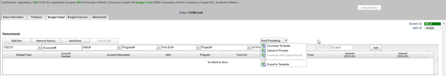 IBIS Budget Detail tab showing Excel Processing dropdown with Upload & Process highlighted