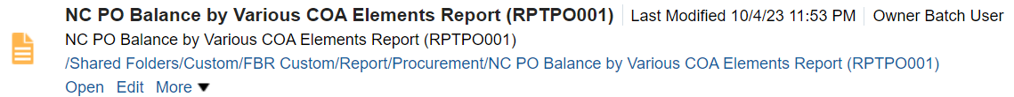 Screenshot of NC PO Balance by Various COA Elements Report (RPTO001) in NCFS