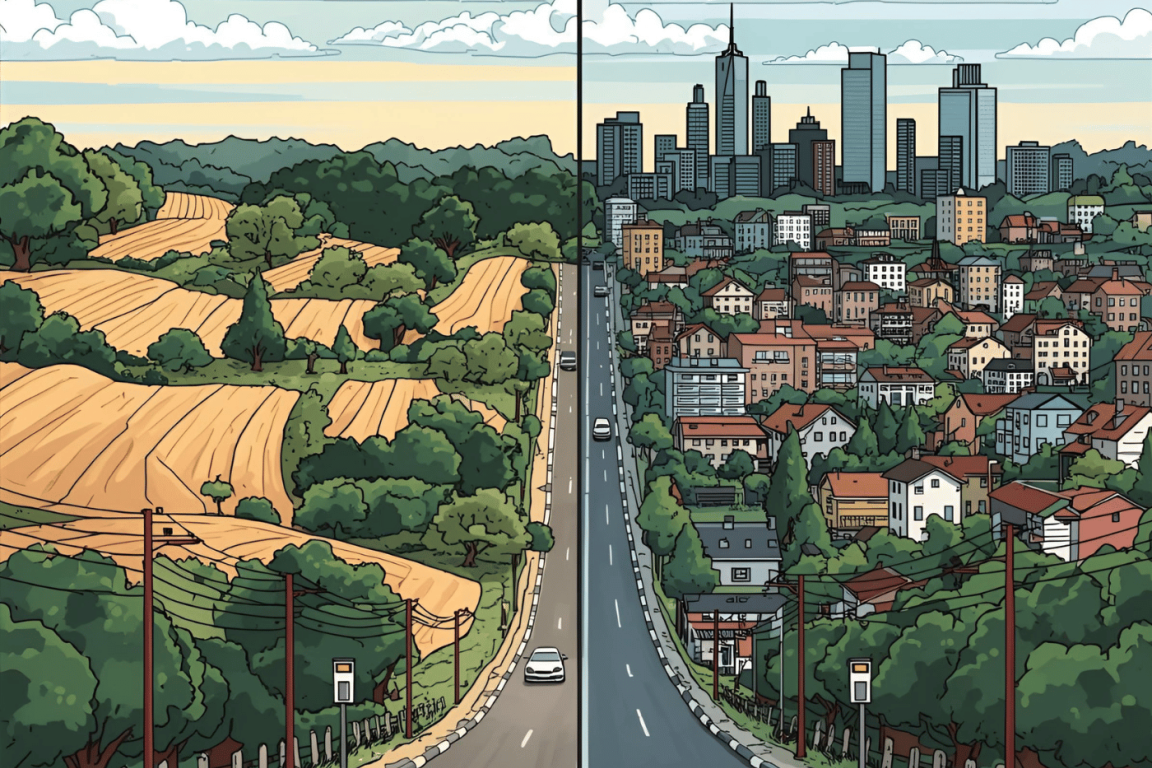 Illustration of a rural fields on the left side of a highway and skyscrapers and houses on the right side