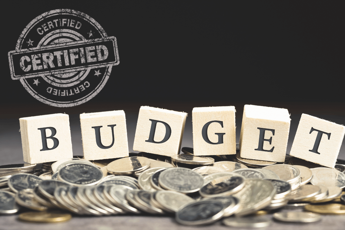 coins with the word Budget on top spelled out on cubes. A stamp saying certified above that. . 