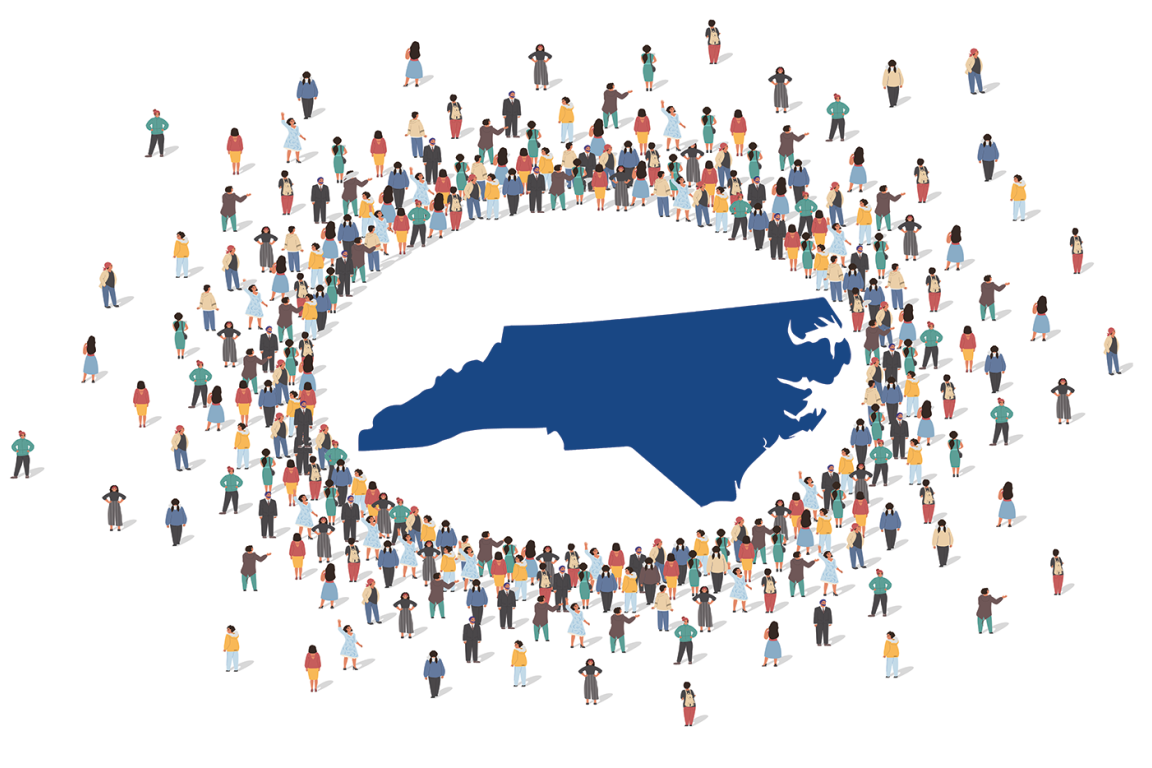 Map of north carolina surrounded by crowd of people in a circle