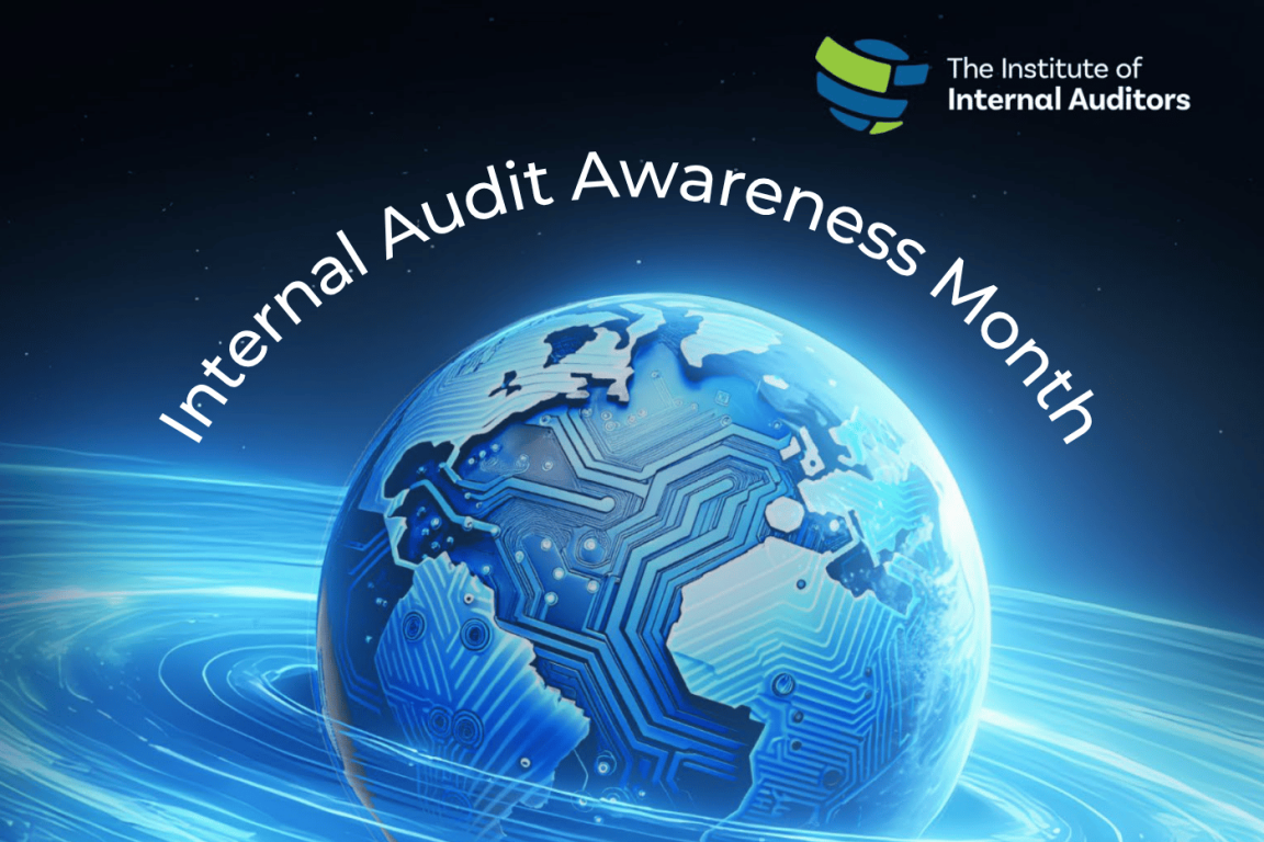 Institute of Internal Auditors logo above a globe and the words internal audit awarenss month