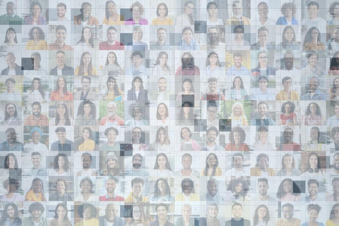 Collage of people's faces partially obscured by data