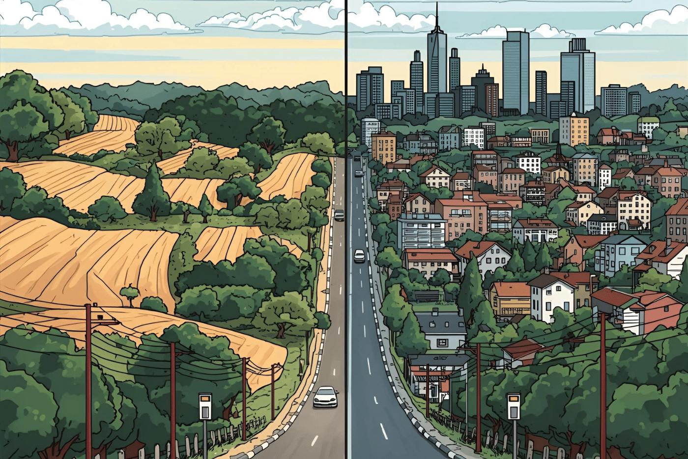 Illustration of a rural fields on the left side of a highway and skyscrapers and houses on the right side