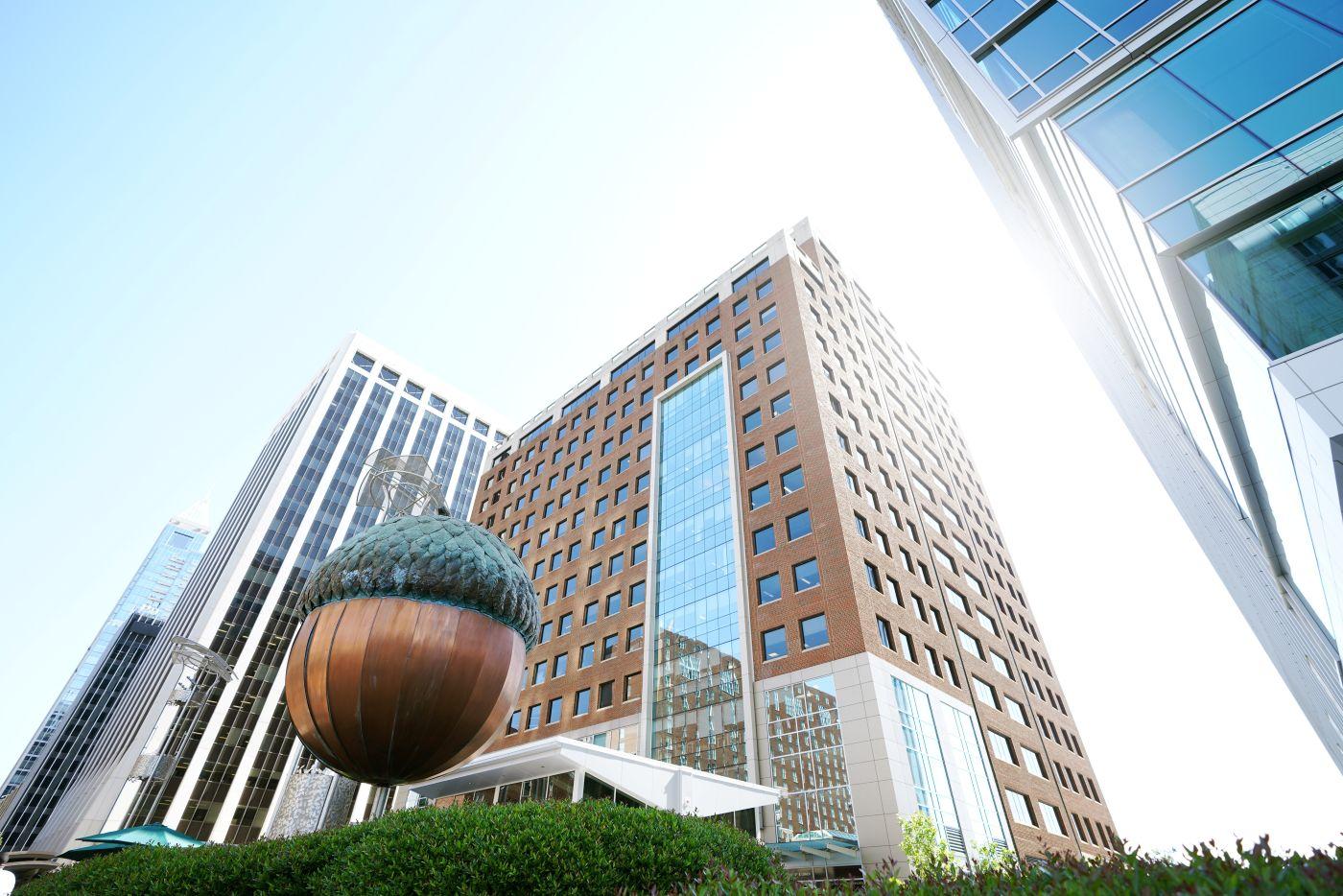 Large metal acorn underneath high rise buildings