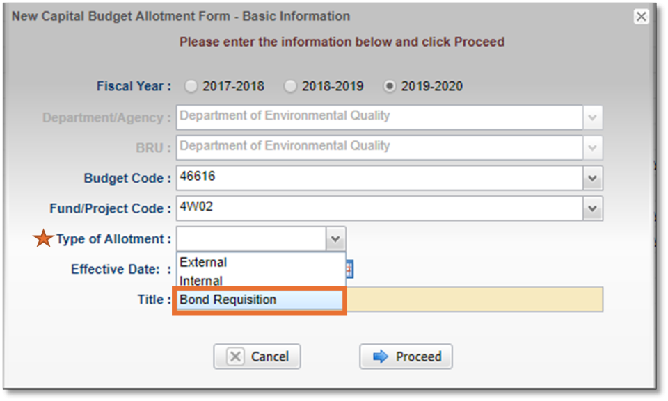 Screenshot of basic information screen in Capital Budget Allotment Form in IBIS