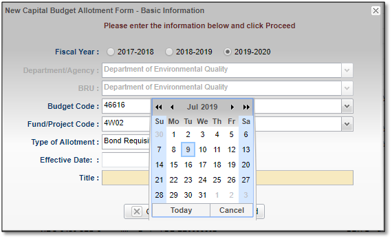Screentshot of form basic information screen, effective date selection