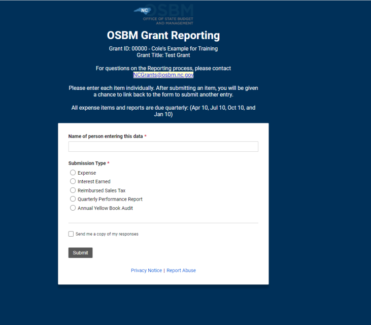 Screenshot of a OSBM grant reporting form in Smartsheet