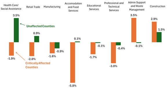 Bar chart showing decline in employment loss by sectors in counties critically affected by Helene 