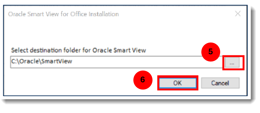 Screenshot of default destination folder for Smart View, with OK button highlighted