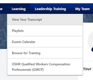 Screenshot in LMS of the Learning menu expanded, View Your Transcript at the top