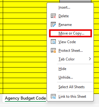 Excel right-click context menu showing Move or Copy selected