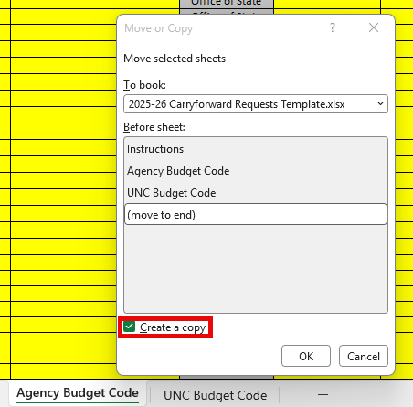 Excel Move or Copy dialog box with Create a copy checked