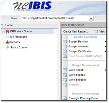 screenshot of NCIBIS Create new request dropdown