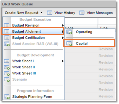 Screenshot of capital budget allotment selection in IBIS