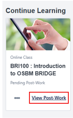 Screenshot of BRI 100 Intro to BRIDGE card in LMS, view post work button highlighted