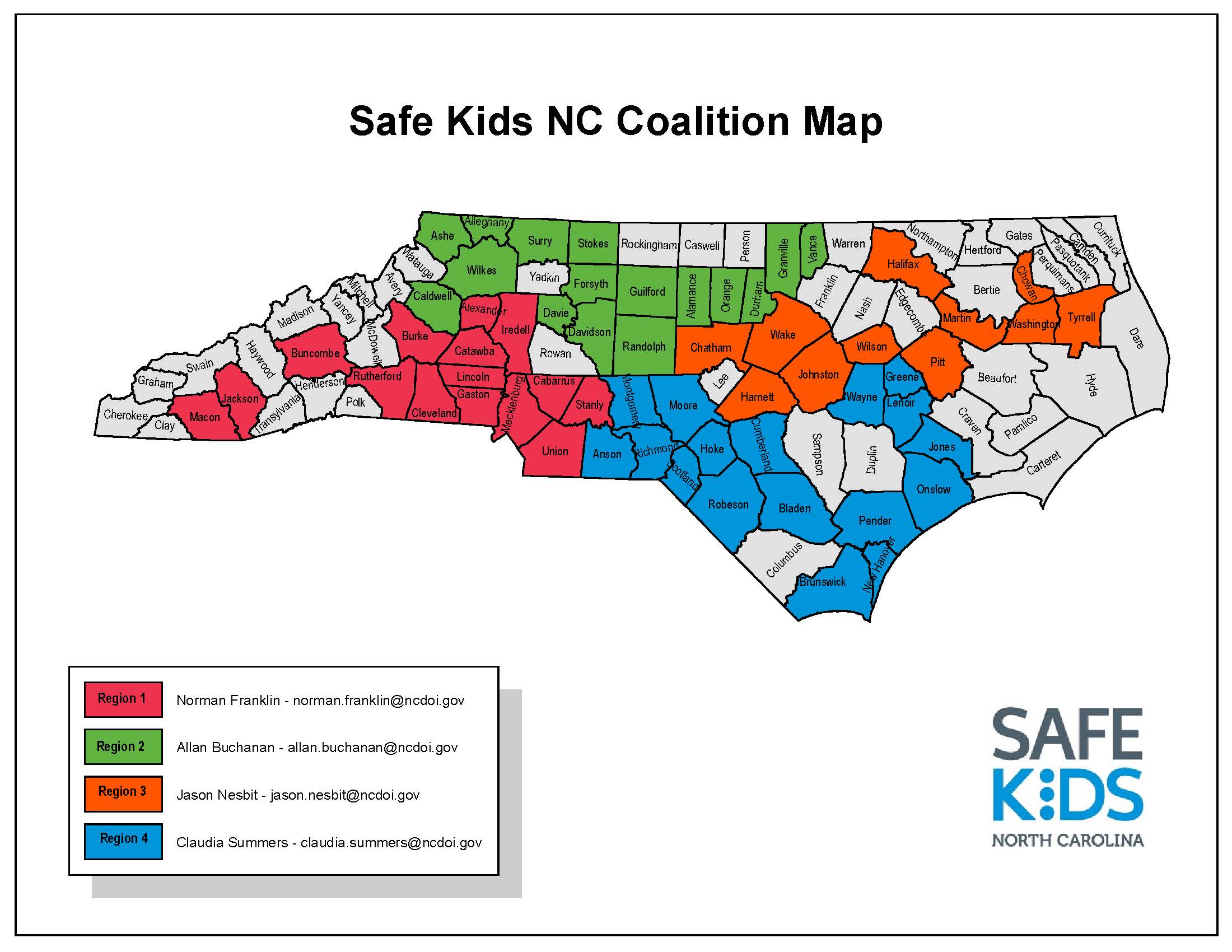 A map of North Carolina showing Safe Kids coalitions