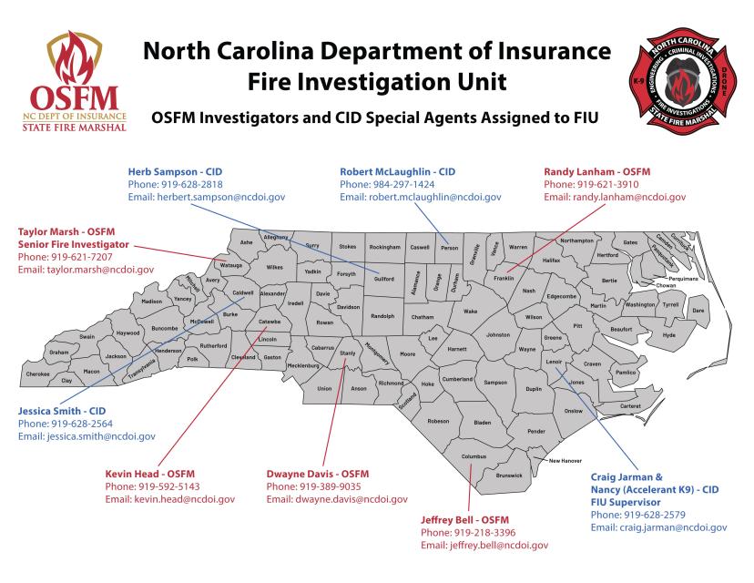 Map of North Carolina’s counties highlighting locations of OSFM Fire Investigation Unit coverage as of April 2025.