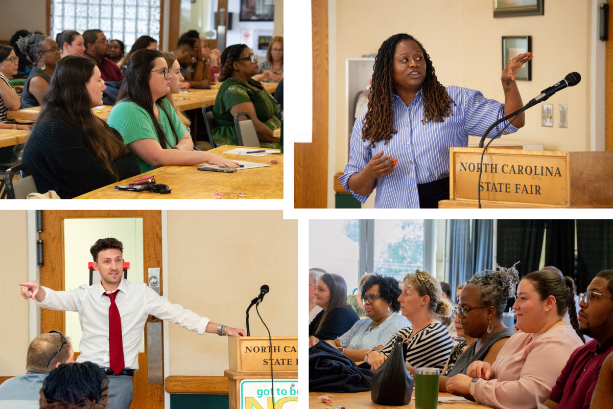 Dr. Margaret Brunson and Kyle Byrnes give presentations while OSHR staff watches.