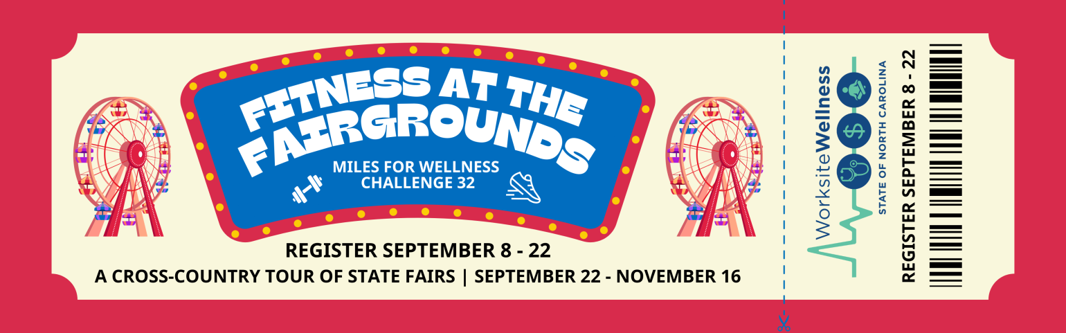 Banner that reads "Fitness at the Fairgrounds Miles for Wellness Challenge 32"