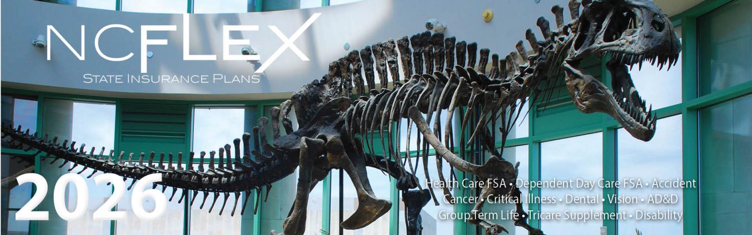 NCFlex logo with museum dinosaur fossil background