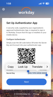 The workday app with MFA QR code and secret key generated. Secret key is selected to be copied.